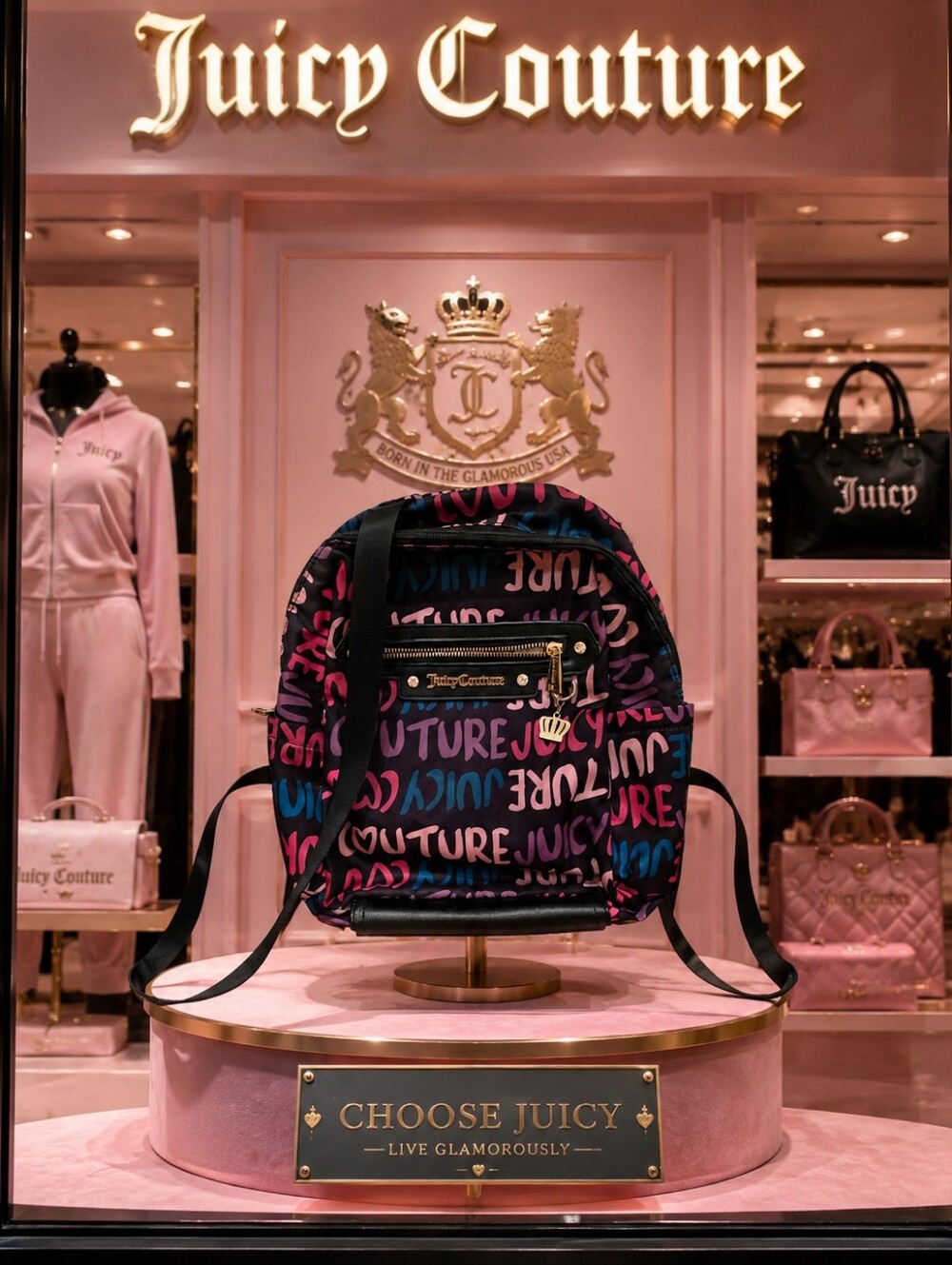 Juicy Couture Black Backpack with Pink & Blue Logo Print